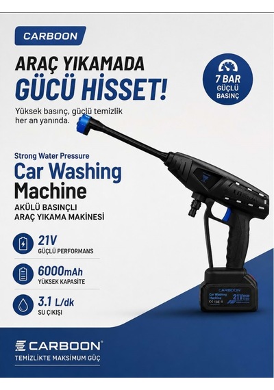 Carboon Car-8103 21v 22.000rpm 6.000 Mah Batarya Basınçlı Araç Yıkama Makinesi Oto Yıkama Makinası Tazdik Tabancası