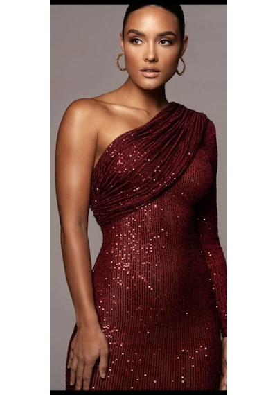 Hanife Glam Couture Hanife Glam Pulpayet Işlemeli Tek Kollu Midi Elbise Bordo