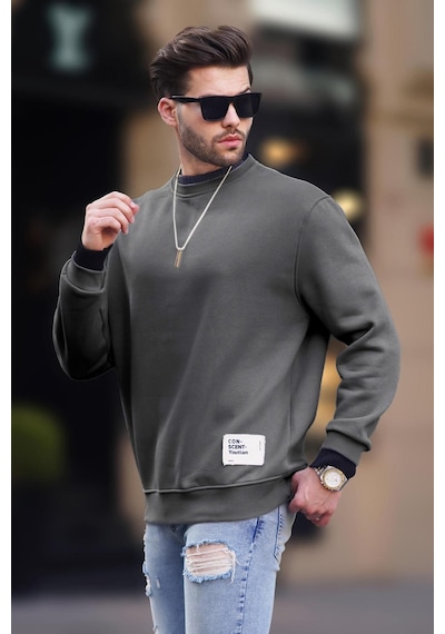 Madmext Füme Bisiklet Yaka Oversize Şardonlu Arma Detaylı Erkek Sweatshirt 7043 Füme