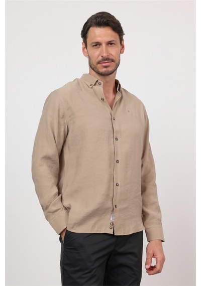 İmza Koyu Bej Düğmeli Yaka Uzun Kol Cepsiz Slim Fit Modal Gömlek 1004260162