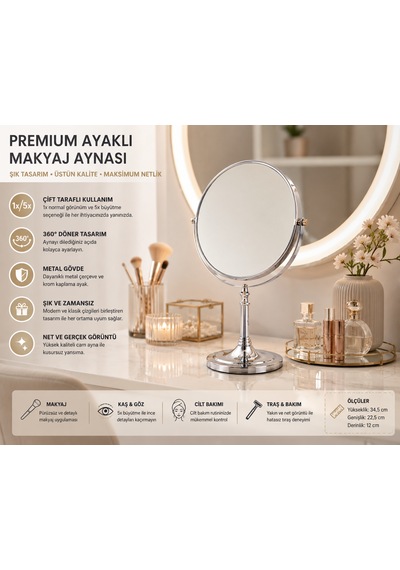 Çift Taraflı Ayaklı Makyaj Aynası 1x + 5x Büyütmeli 360 Döner Krom Metal Masa Aynası