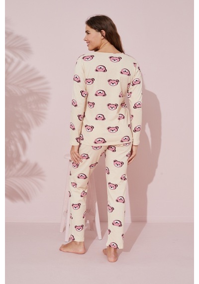 Siyah İnci Pamuklu Örme Pijama Takım 24241114 Krem