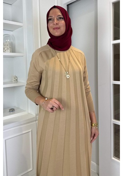 Rabia Şamlı Beyza Fitilli Triko Elbise Bej Normal