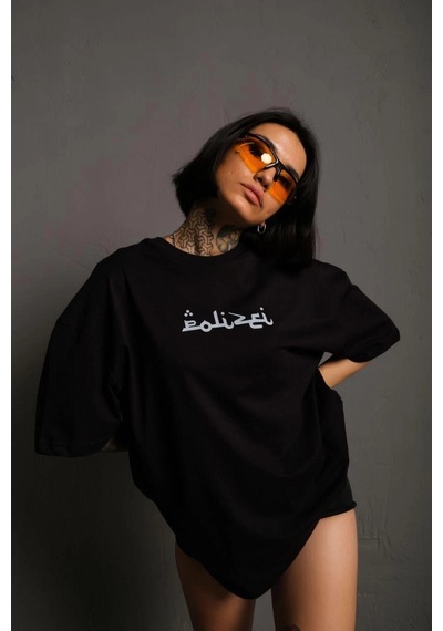 Novalisse Kadın Bisiklet Yakalı Sırt Baskılı Oversize Kısa Kol T-shirt - Siyah Çoklu Renk