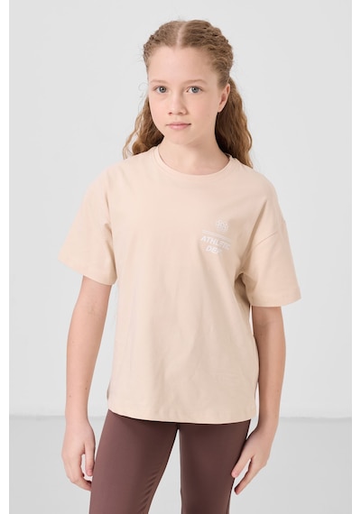 Bej Pamuklu O Yaka Oversize Fit Baskılı Kız Çocuk T-shirt - 75178 Bej