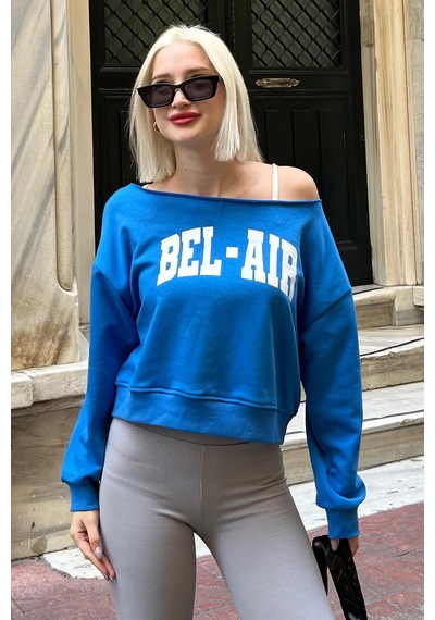 Saks Kayık Yaka Baskılı Kadın Sweatshirt Mg2205