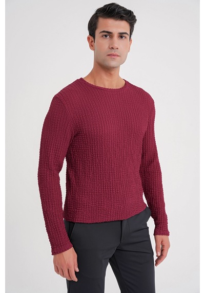 Efor Slim Fit Esnek Pamuklu Dokulu Kumaş Uzun Kollu Bordo Tişört Ts 934