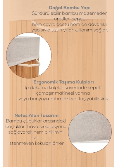 Porsima Çift Bölmeli Kapaklı Kirli Çamaşır Sepeti Dikdörtgen - İki Bölmeli Bambu Kirli Çamaşır Sepeti Cr71015