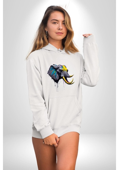 Renkli Fil Kafası Kadın Erkek Beyaz Kapüşonlu Sweatshirt Hoodie Beyaz