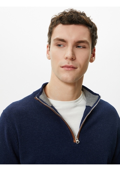 Koton Yarım Fermuarlı Kazak Slim Fit Uzun Kollu Dirsek Detaylı Lacivert 4sam70005ht Lacivert