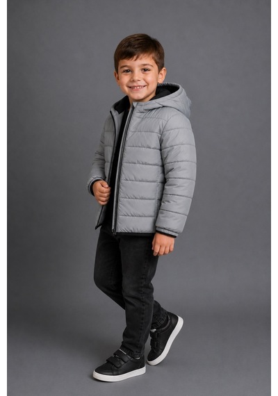 Mnk Baby & Kids Erkek Çocuk Kapüşonlu İçi Polarlı Fermuarlı Şişme Mont M00858 Açık Gri