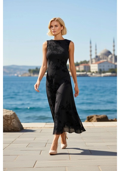 Benerly Kadın Maxi Elbise Bisiklet Yaka Kolsuz Shift Kalıp Çiçek Desenli Siyah