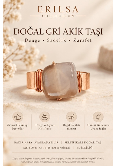 Sertifikalı Doğal Gri Akik Taşı Yüzük Bakır Kasa Ayarlanabilir El Çok renkli