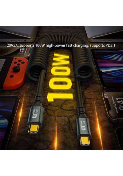 Usb-c To Usb-c Spiral Kablo, 100w Pd3.1 Hızlı Şarj, 20gbps Usb 3.2 Veri Transferi, Kısa Hali 40 Cm Uzun Hali 120 Cm Spr