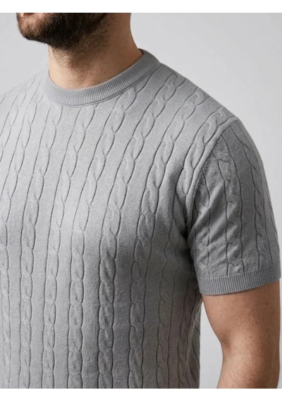 Oada Erkek Yazlık Triko Dokuma Tişört Kısa Kol Bisiklet Yaka Örgü Desenli T-shirt - Gri