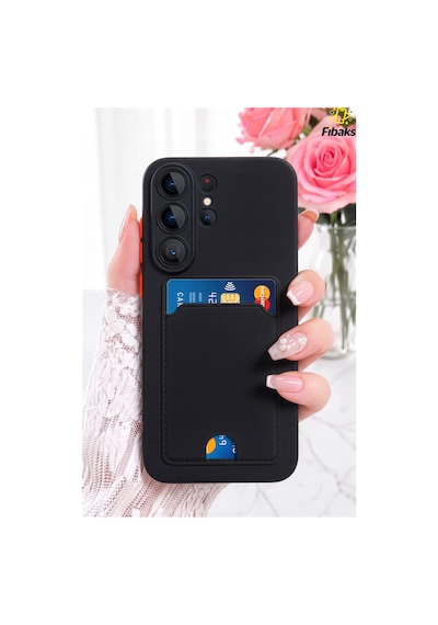 Fibaks Galaxy S26 Ultra Uyumlu Kılıf Kamera Korumalı Arkası Kartlıklı Cüzdanlı Kırmızı Tuşlu Silikon Kapak