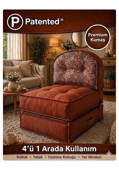 Reyo Pufymax Comfy Plus Oval Bohem Tekli Koltuk Yatak Olabilen Katlanır Berjer & Modüler Yer Yatağı 75x75x 90 Cm Kiremit Desenli