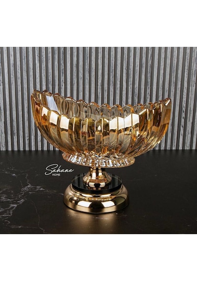 Chacha Home Ayaklı Gold Renk Cam Gondol Meyvelik Sunumluk 29 Cm - Lüks Dekoratif Konsol Kasesi Ve Şekerlik