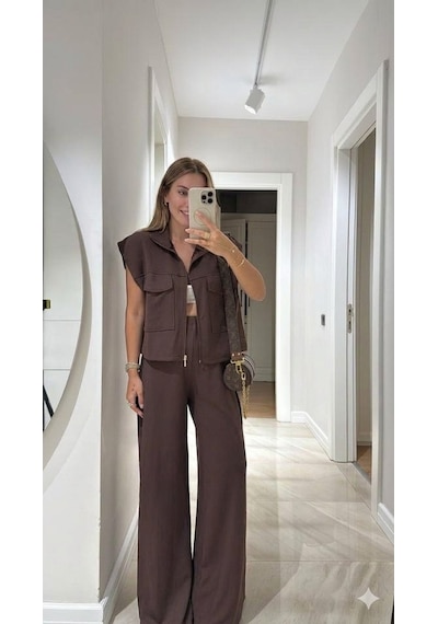 Ecenin Favorileri Kahve Ön Cep Detaylı Yelekli Modal Takım Kahverengi