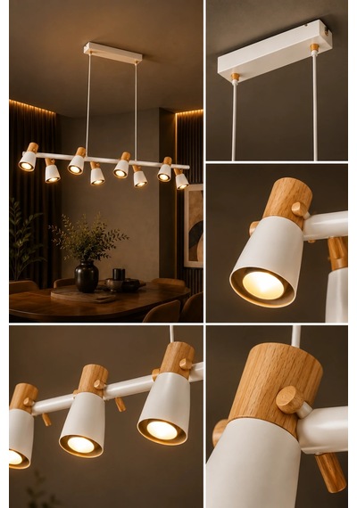 Modern Premium 8li Spot Sarkıt Avizesi Uzun Ahşap Detaylı Salon Yemek Masası Üstü Modelleri Gu10 Duy Beyaz