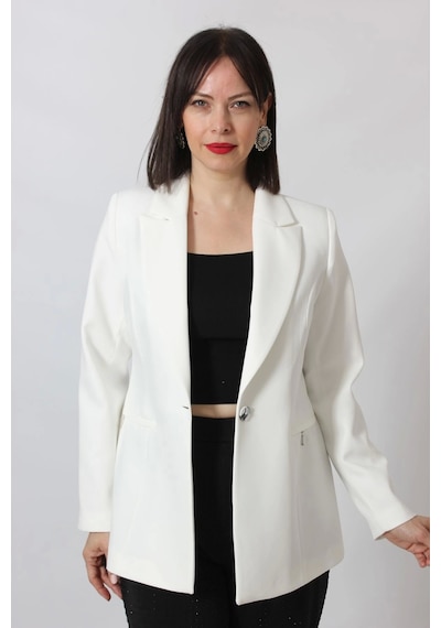 Moda Berray 1904 Beyaz Fermuarlı Cep Aksesuarlı Kadın Büyük Beden Blazer Ceket Beyaz