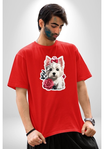 Beyaz Highland Teriyeri Kırmızı Gül Pamuklu Bisiklet Yaka Unisex Oversize Boyfriend Dijital Baskılı Kırmızı T-shirt Kırmızı