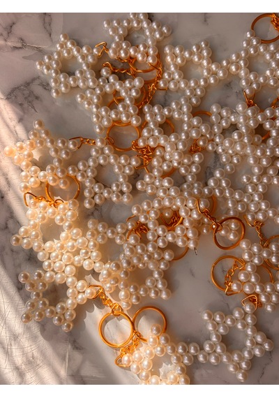 10 Adet Krem İnci Yıldız Anahtarlık 8mm Kartsız Gold Rengi Gold