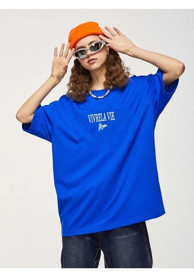 Flood Of Style Unisex Mavi Vivre La Vie Baskılı Oversize Bisiklet Yaka Penye Tişört