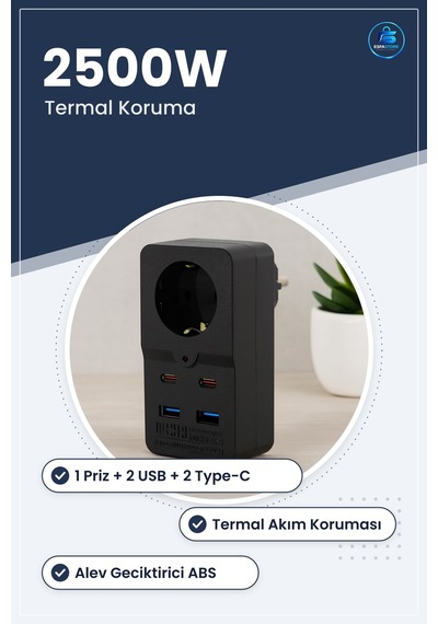 Duvar Prizi 1 Priz 2 Usb Type C Siyah Termal Akım Korumalı Hızlı