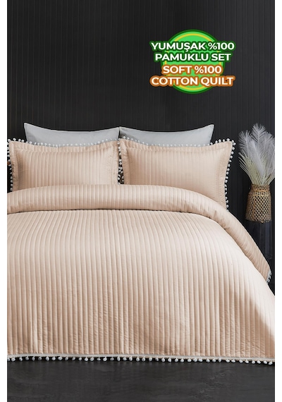 Evlen Home Collection Ponponlu Çift Kişilik %100 Pamuk Yatak Örtüsü Pike Takımı Bej