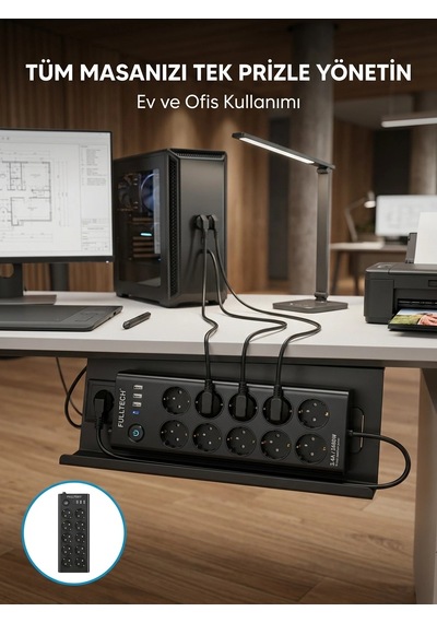 Mey İthalat Usb Ve Type-c Şarj Özellikli 10'lu Çoklu Priz Standart