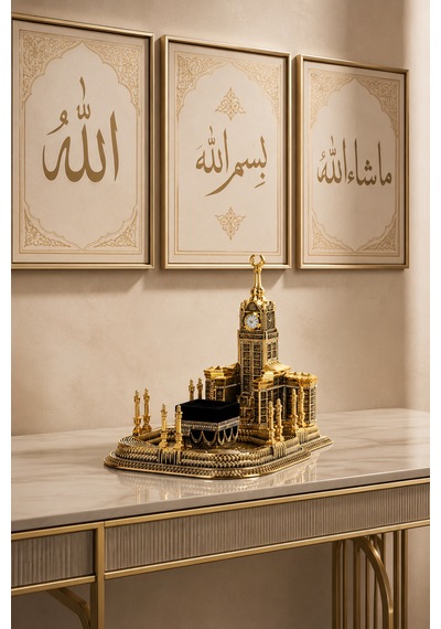 Mescid-i Gold Dekoratif Biblo 28x26 Cm Kâbe Saat Kulesi Polyester İslami Ev Ve Ofis Dekoru 1