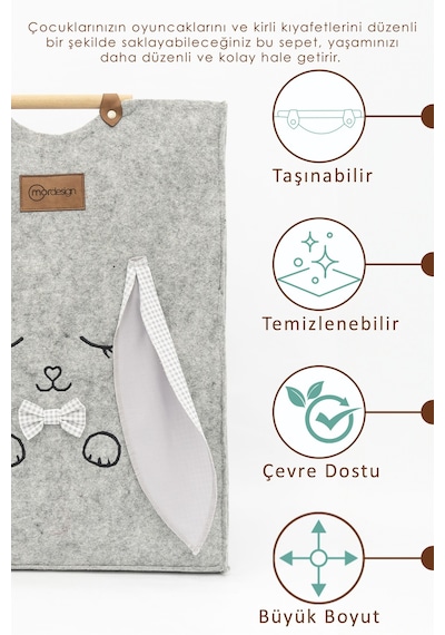 Keçe Çocuk Oyuncak/kirli Çamaşır Depolama Sepeti, Çok Amaçlı Saklama Sepeti, Morbunny Serisi Gri