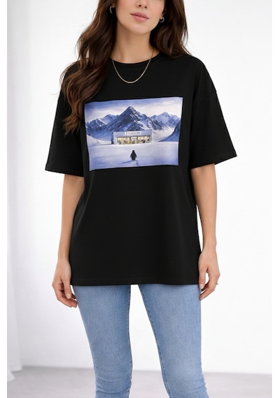 Soft&Basic Kadın %100 Organik Pamuk Baskılı Bisiklet Yaka T-shirt Siyah
