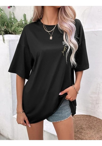 Flood Of Style Kadın Siyah Papatya Baskılı Oversize