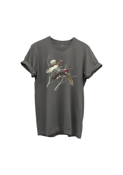 Uçan Yaban Ördekleri Çizim Baskılı %100 Pamuk Regular Fit Bisiklet Yaka Unisex T-shirt Antrasit