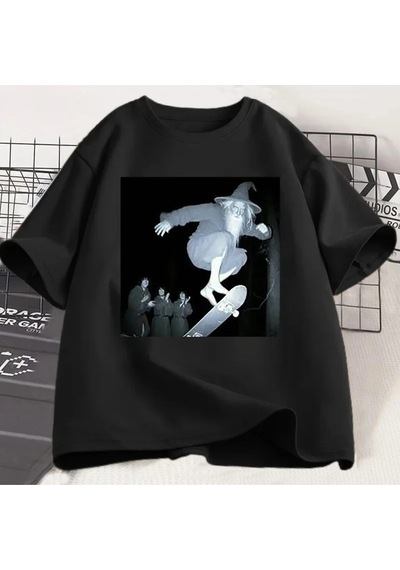 Startmore Beyaz Komik Vintage Paten Tshirt Nefes Gevşek Hip Hop Sokak Tees Retro S Siyah