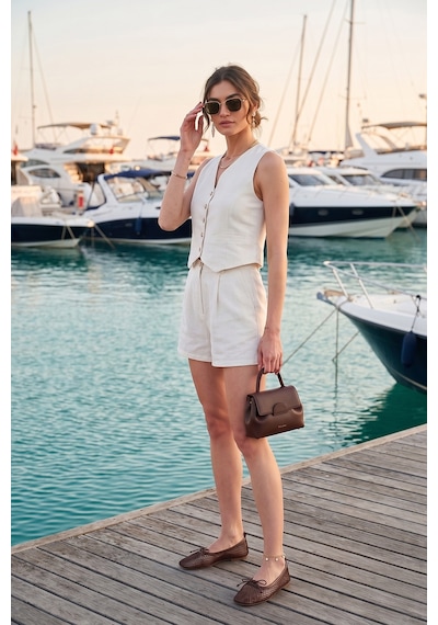 Lela Pamuk Ve Keten Karışımlı Slim Fit Yelek Şort Bayan Takım 5866118 Bej