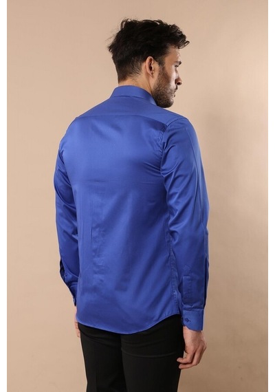 Pamuk Saten Slim Fit Desensiz Mavi Erkek Gömlek 001