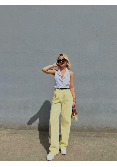 Keymoda Kadın Keten Kemerli Pantolon Sarı Sarı