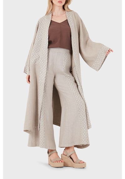 Via Dante % 100 Keten Brode İşlemeli Kimono Bayan Kimono 69912196 Vizon VİZON