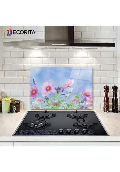 Decorita Menekşe Desenli | Cam Ocak Arkası Koruyucu | 40cm x 60cm
