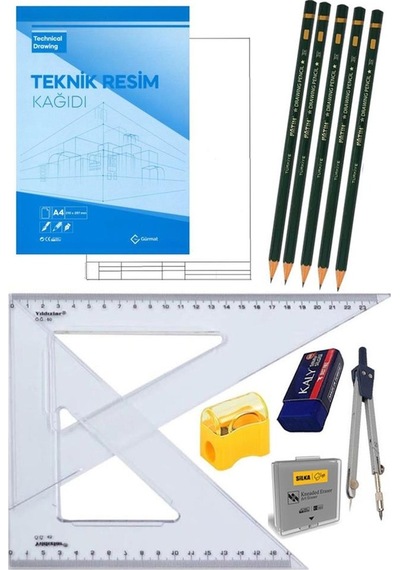 Teknik Resim Seti 12 Parça 1 Paket Teknik Resim Defteri Gönye Dereceli Kalem Metal Pergel Silgi Kalemtraş Hamur Silgi