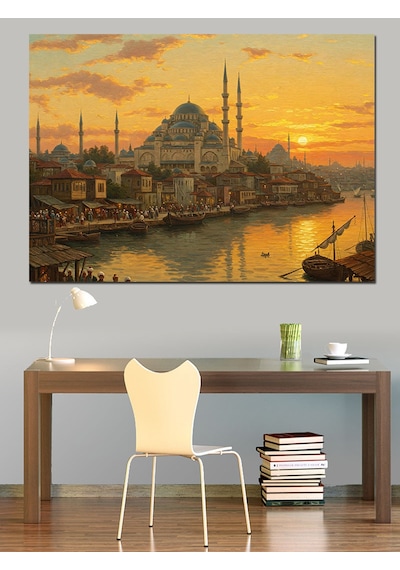 Osmanlı Gün Batımında İstanbul Silueti Dekoratif Kanvas - Mdf Ahşap Tablo