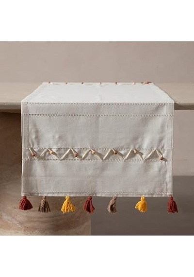 Boncuk Ponponlu Runner 50x130 Cm Açık Bej