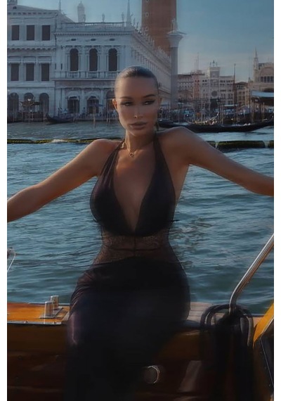 Alya Dantelli Saten Elbise - Siyah