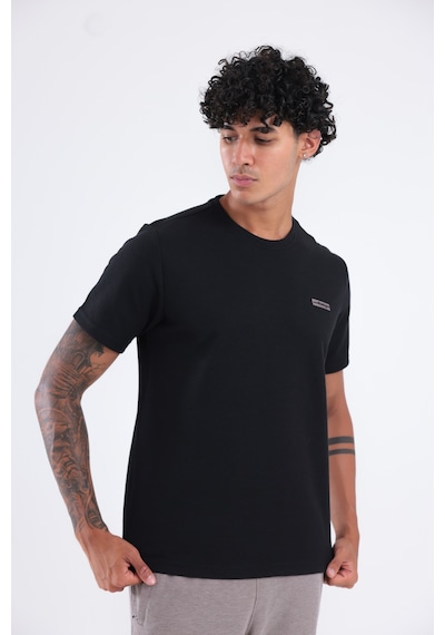Rowinger Waffle Örgü Dokulu Göğüs Logolu Kolda Mini Cep Detaylı Bisiklet Yaka Erkek Spor T-shirt Siyah