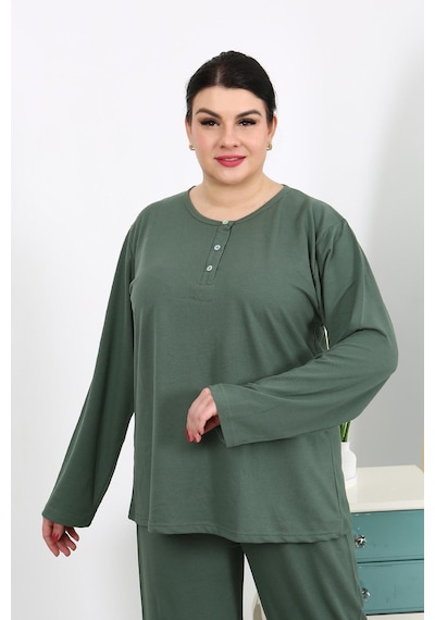 Akbeniz Kadın Büyük Beden Uzun Kol Penye Pijama Takımı Haki 202501 Haki