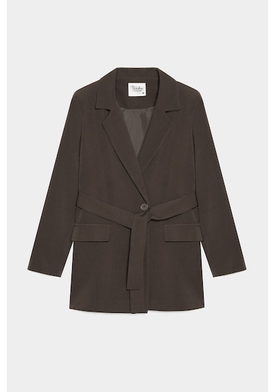 Sââde Kadın Tek Düğmeli Dokuma Kruvaze Blazer Ceket - Kuşaklı Acı Kahverengi