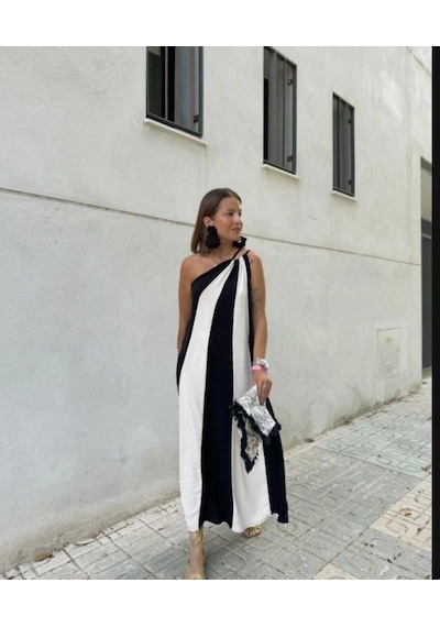 Defymoda Çift Renkli Elbise Çok Renkli